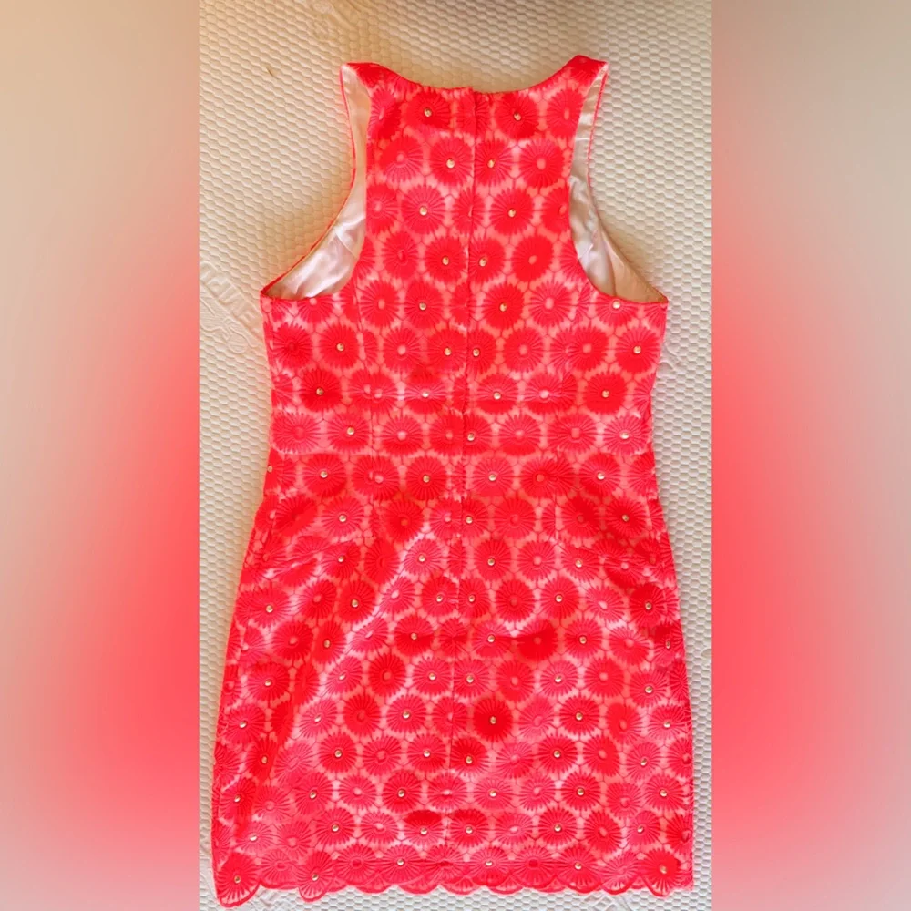 LILLY PULITZER Neon Pink Floral Pinwheel Lace & Pearl Mini Shift Dress